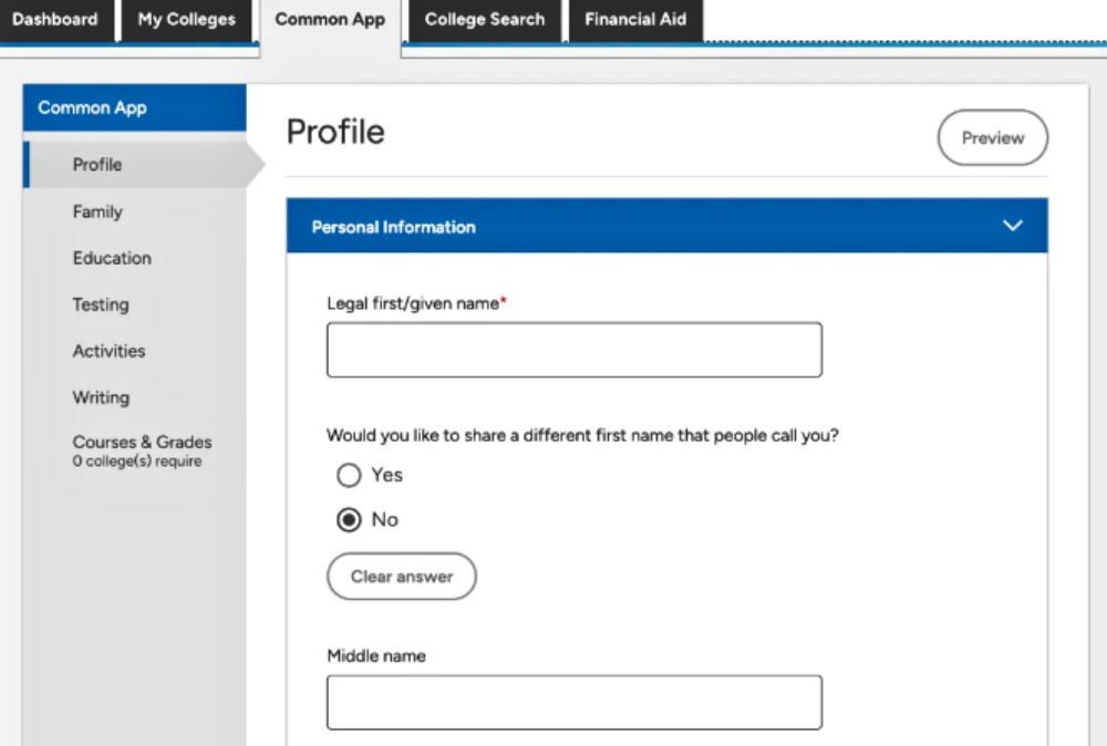 Common App Form Overview