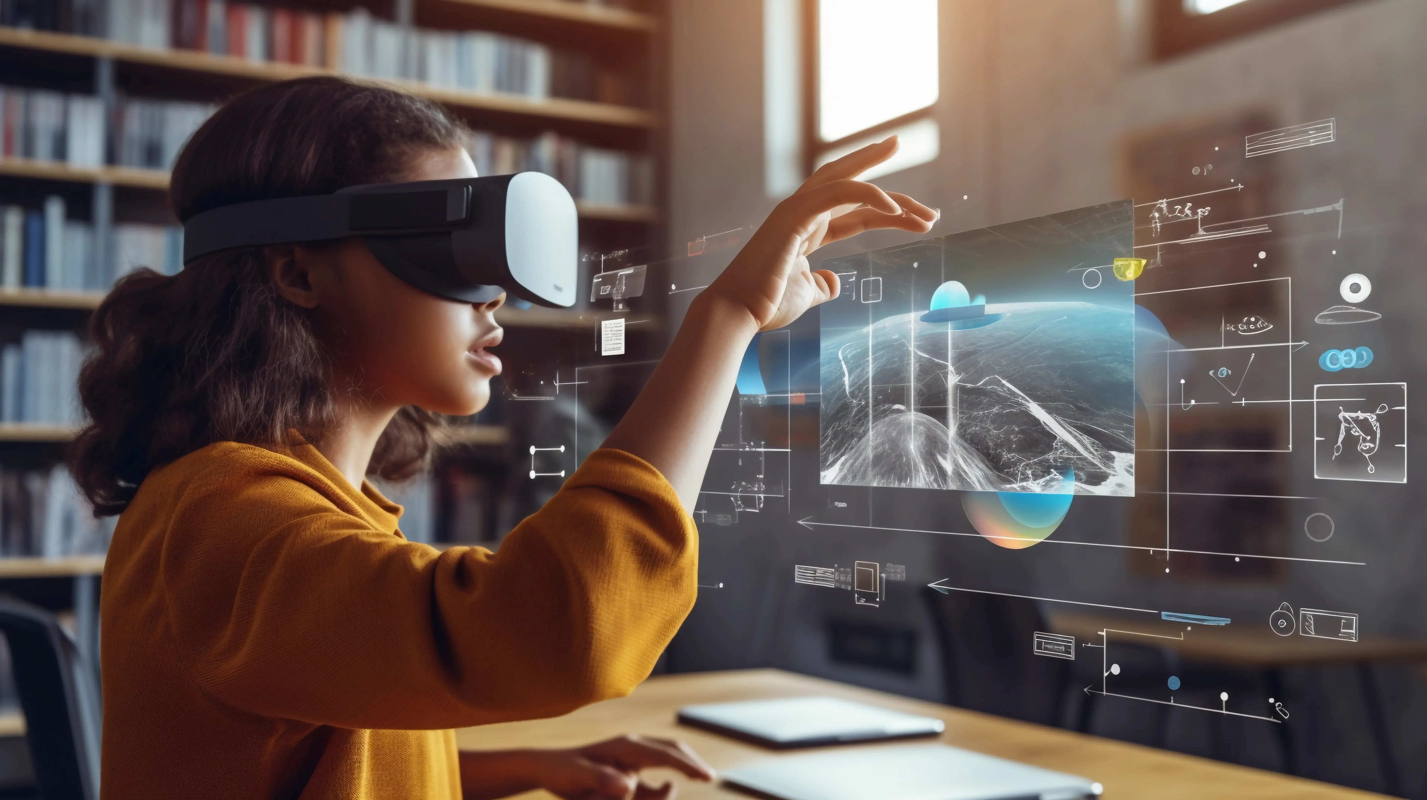 Student using a VR headset in an AI x Education research program classroom at 7EDU